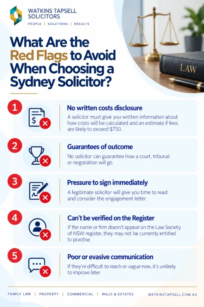 How to Choose a Solicitor in Sydney: 8 Factors to Consider 3 Red Flags To Avoid When Choose a Solicitor in Sydney Infographic